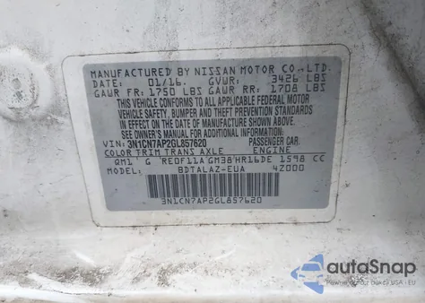 2016 Nissan Versa 1.6 S+ z USA, uszkodzony, nr VIN 3N1CN7AP2GL857620